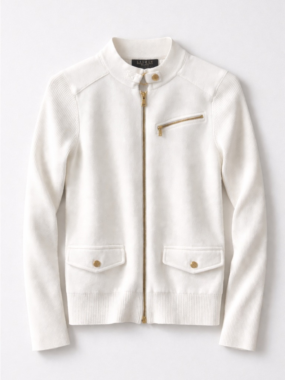 Lauren Ralph Lauren White Full Zip Cotton Sweater PM Petite Gold Hardware